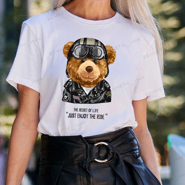 Damen-T-Shirt BLINGPAW Minimalistisches Damen-Grafik-T-Shirt Teddybär Kurzarm-Oberteile T-Shirts O-Ausschnitt Lässig Große Größe 100 % Baumwolle T240129