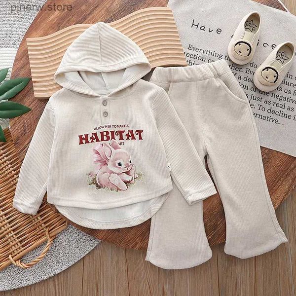 Kleidungssets Babykleidung Mädchen reine Baumwolle Kaninchen langärmeliges Sportset 2024 neues Kinder gestricktes Kapuzenpullover lässiges zweiteiliges Set