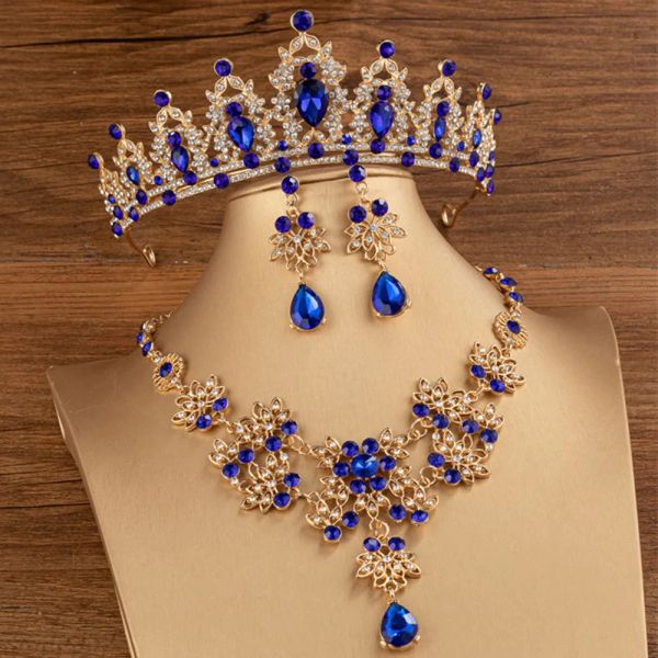 Halsketten Diezi Barockbrautkronen -Tiaras für Frauen Hochzeit Prinzessin Königin Rotgrün blau Kristall Tiaras Halskette Ohrringe Schmucksets