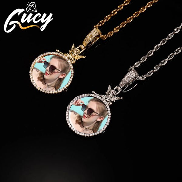 Collane gucy hot personalizzato foto angelo cerchio medaglioni collana a ciondolo collana personalizzata hip hop zircone cubico per uomo regalo di gioielli