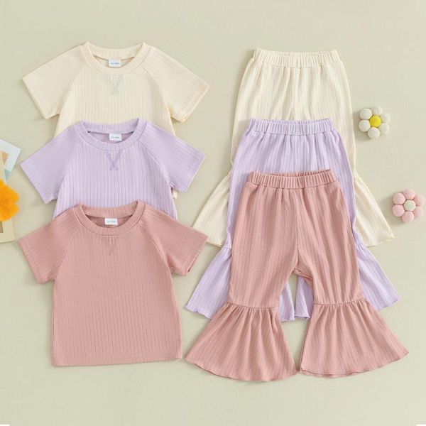 Set di abbigliamento Casual Infant Girl Summer Knitted Clothes Suit Manica corta Top a costine T-shirt Pantaloni svasati in vita elastica 2 pezzi Tute Set