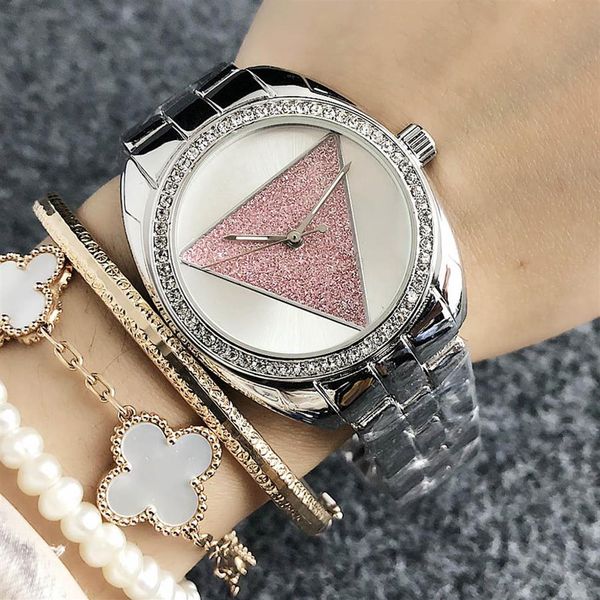 Marken-Quarz-Armbanduhr für Damen und Mädchen, dreieckiges Zifferblatt im Kristallstil, Metall-Stahlband, Uhren GS 21 217 W