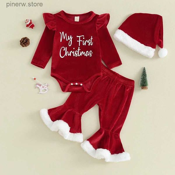 Kleidungssets Kleinkind Neugeborenes Baby Mädchen Weihnachtsoverall Outfits Briefdruck Langarm Strampler + Schlaghose + Mütze Weihnachtskleidung