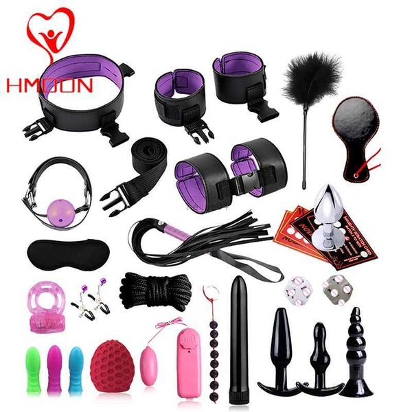 Spielzeug für Erwachsene HMOON Bdsm SexLove Set Kits Erwachsene Handschellen Nippelklemmen Peitsche Spanking Sex Metall Anal Plug Vibrator Hintern Sexspielzeug für Frauen Männer