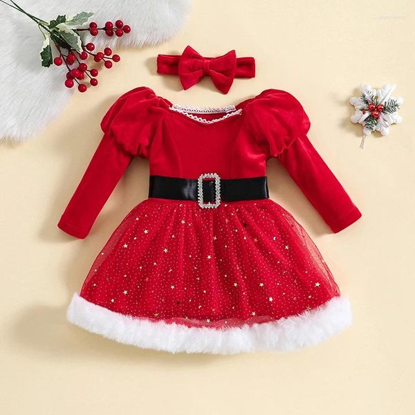 Vestidos de menina mababy 6m-4y natal criança crianças vestido vermelho manga longa lantejoulas tule arco tutu festa bandana trajes de natal d05