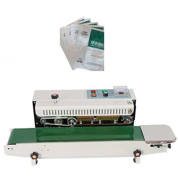 Máquinas seladoras de mesa de banda contínua com máquina seladora de impressão de data para saco plástico de café e folha de alumínio