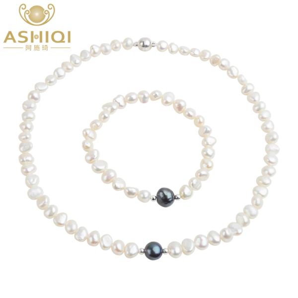 Set di gioielli in lega ASHIQI con perle d'acqua dolce vere per le donne con perline in argento sterling puro 925 fatto a mano con collana braccialetto regalo nuziale