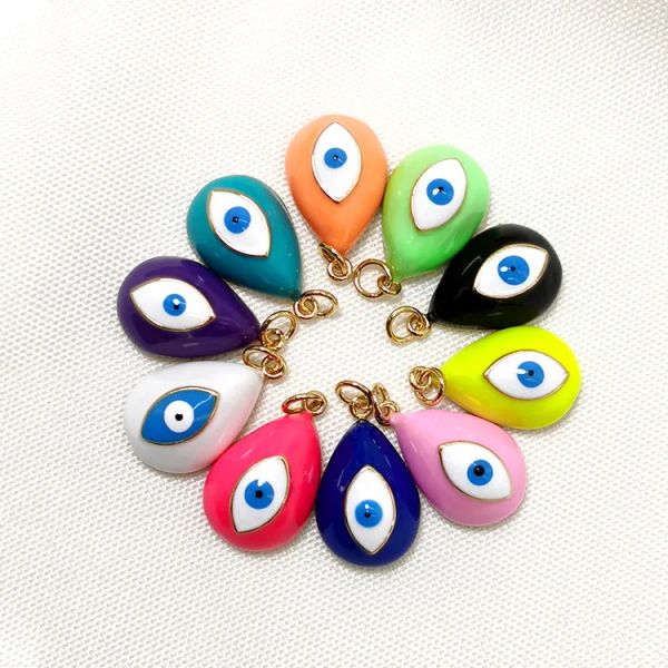 Anelli 10 pz/lotto New Fashion Rame 14k Placcato Oro Gocciolante Olio Evil Eye Pendente di Fascino Accessori Fai Da Te per la Produzione di Gioielli