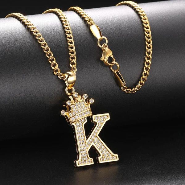 Anhänger Halsketten Initial Brief Halskette Für Frauen Punk Hip Hop Gold Farbe Edelstahl Kubanische Link Kette Name Krone CZ schmuck