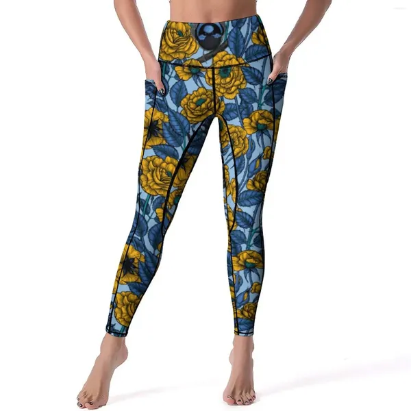 Calças ativas rosas amarelas impressão leggings vintage pássaro ginásio yoga push up bonito esporte com bolsos legging personalizada de secagem rápida