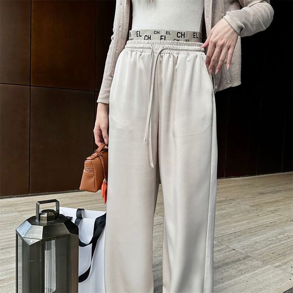 Pantaloni da donna firmati casual semplici a vita alta con bordo a lettera con coulisse a doppia vita pantaloni a gamba larga temperamento elegante versatile in tutte le stagioni