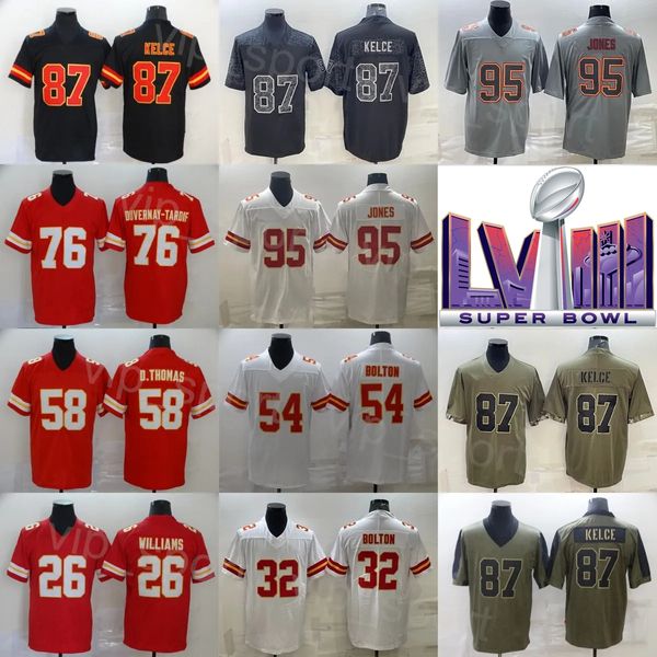 2024 Super Bowls LVIII Futebol 26 Chris Williams Jerseys 95 Chris Jones 87 Travis Kelce 32 Nick Bolton 58 Derrick Thomas Bordado Preto Vermelho Branco Cinza Cor Rush