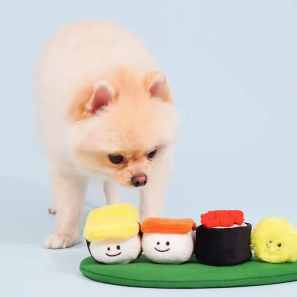 Brinquedos ins popularidade sushi de pelúcia procurando comida brinquedo do cão de estimação estridente filhote de cachorro mastigar treinamento interativo grande cão limpeza dentes brinquedo para animais de estimação