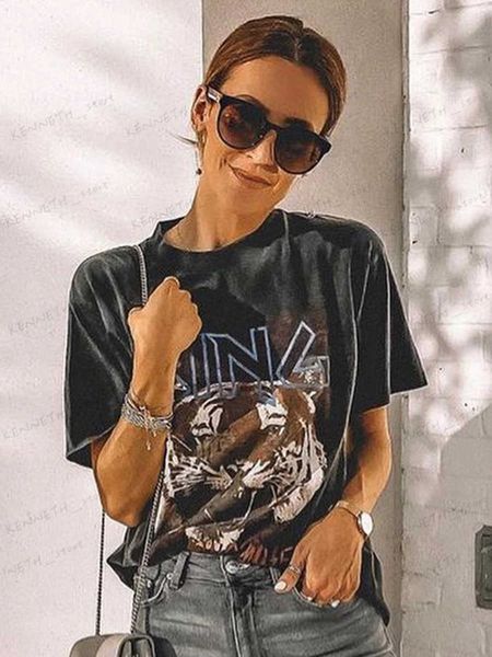 Damen T-Shirt Tiger Washed Black T-Shirt Damen 2023 Sommer Baumwolle Vintage Boho Faded T-Shirt Tees Femme Rock n Roll Luxus Casual T-Shirts Tops T240129