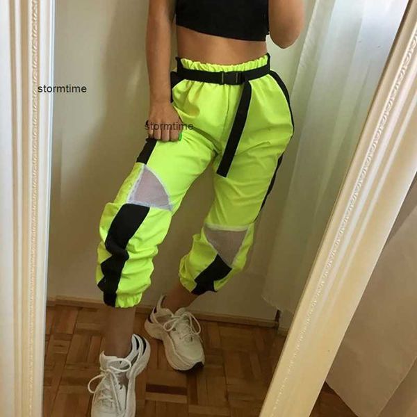 Patchwork malha neon verde cintura alta harem calças femininas streetwear roupas joggers calças de suor