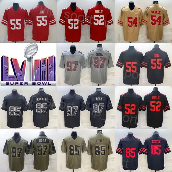 Futebol Super Bowls LVIII 80 Jerry Rice Jerseys Mans 85 George Kittle 97 Nick Bosa 54 Fred Warner 52 Patrick Willis 55 Dee Ford Esporte Intocável Saudação ao Serviço