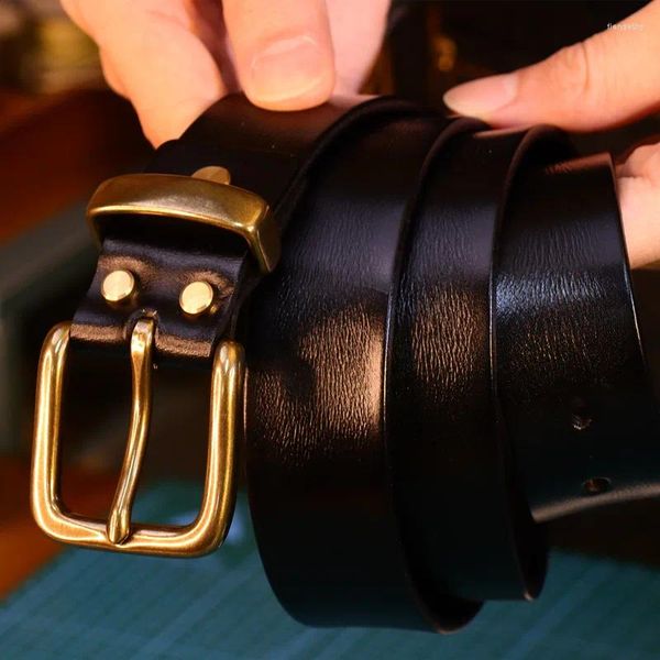 Cinture in vera pelle per uomo Fibbia in rame di alta qualità Primo strato Cintura in pelle bovina Jeans Coskin Cintura vintage casual 3,5 cm