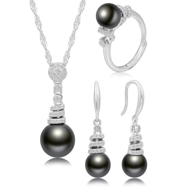 Set MeiBaPJ Set di gioielli di moda a forma di spirale in argento sterling 925. Orecchini con ciondolo ad anello con perla nera naturale, gioielli da sposa per le donne