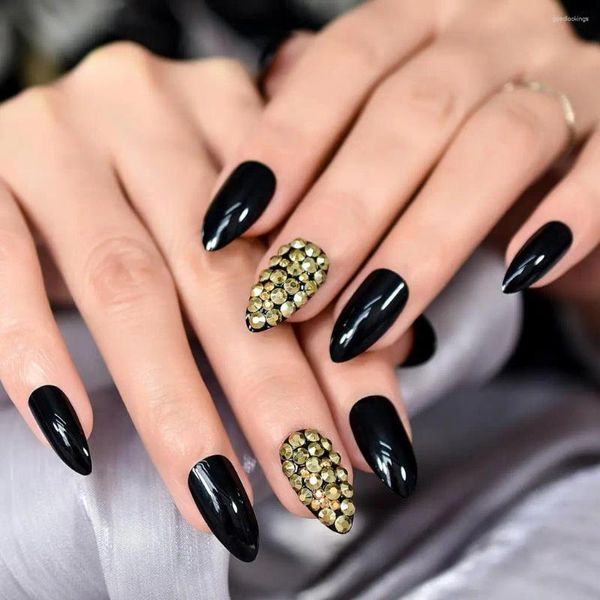 Накладные ногти Золотые 3D стразы, черные прессованные миндалевидные ногти средней длины, многоразовые акриловые накладные ногти, накладные ногти