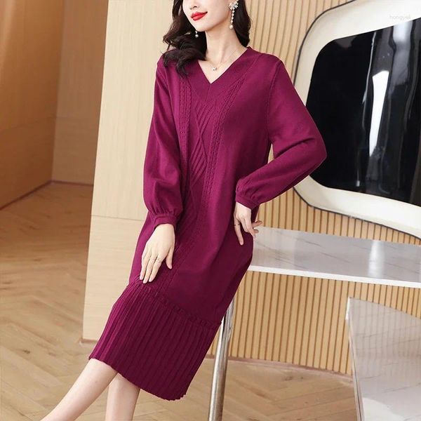 Casual Kleider SuperAen Mode Einfarbig V-ausschnitt Langes Kleid 2024 Herbst und Winter Elegante Lose Taille Stricken