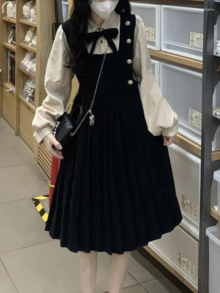 Lässige Kleider Deeptown Koreanischer Stil Süßes schwarzes Gesamtkleid Frauen Kawaii Preppy Lolita Einteiliges Langarm Mini Tunika JK Uniform
