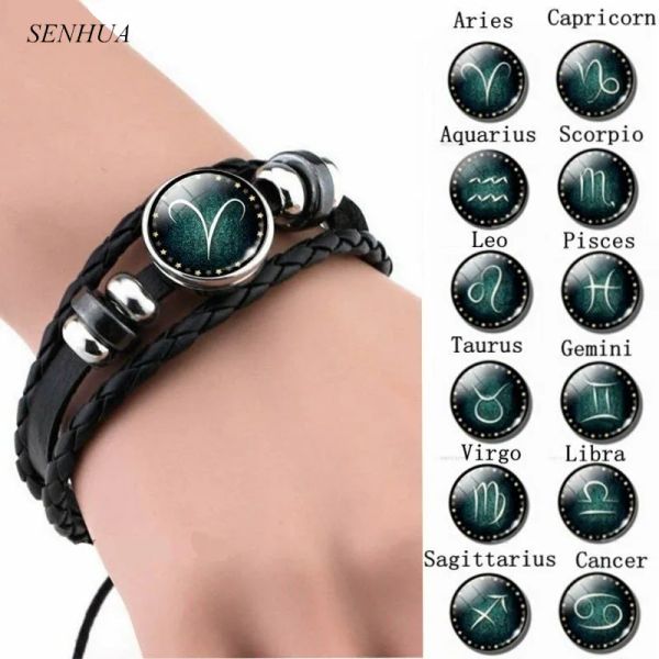 Armbänder 12 Sternbilder, schwarzes Lederarmband, Sternzeichen mit Glasperlen, Armreifen für Männer, im Dunkeln leuchtender Schmuck SL12