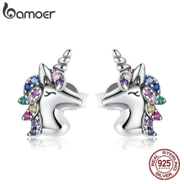 Ohrringe Bamoer Silber Sharp Horned Horse Rainbow Bunte Zirkon Einhorn Ohrringe 925 Sterling Silber für Frauen Schmuck BSE496