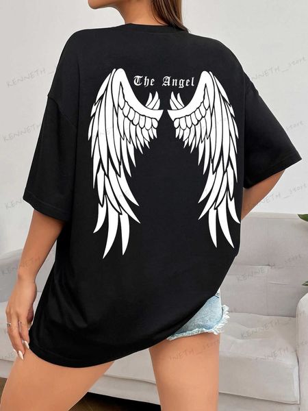 Camiseta feminina Dark Angel Wing Venda quente T-shirts impressas gráficas para mulheres Roupas soltas de grandes dimensões Hip Hop Street Camiseta de algodão Mangas curtas T240129