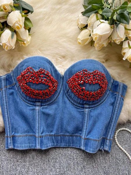 Tanques femininos verão sem alças boca beading vermelho camis denim emenda chique regata grunge mistura slash pescoço espartilho com almofada no peito