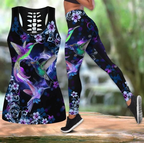 Frauen Leggings Liebe Kolibris Blumen 3D Gedruckt Hohl Tank Top Set Fitness Weibliche Volle Länge Laufhose DDK100