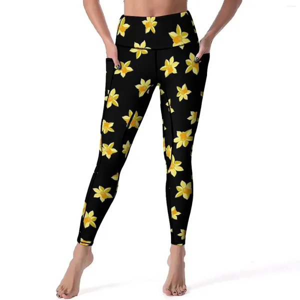 Calças ativas amarelo floral yoga vintage flores impressão leggings de treino push up elástico esportes collants respirável gráfico legging