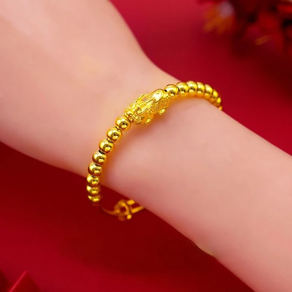 Collana in vero oro 18 carati con perline dorate, braccialetto Pixiu, gioielli raffinati, bracciali rigidi per donne, mamma, bambino, regali di compleanno