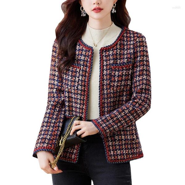 Jaquetas femininas elegantes houndstooth tweed jaqueta mulheres primavera outono moda coreana o pescoço manga longa casaco de lã outerwear chaqueta mujer