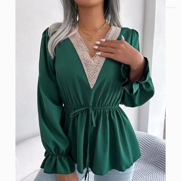 Damenblusen Fashoin Vintage V-Ausschnitt Spitzenhemden Frauen Casual Solide Flare Sleeve Elegante Bluse Slim Lace-up Büro Dame Top Mujer 29594