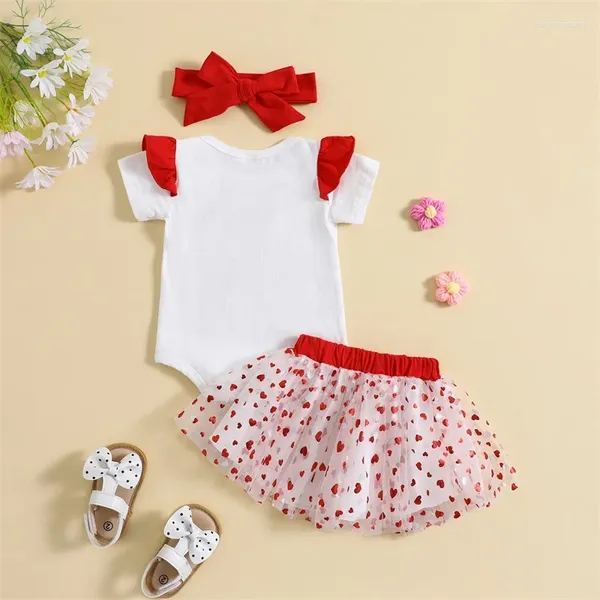 Kleidungssets Baby Mädchen 3-teiliges Outfit Kurzarm Buchstaben Print Strampler mit Herz Tüllrock Stirnband Sommer