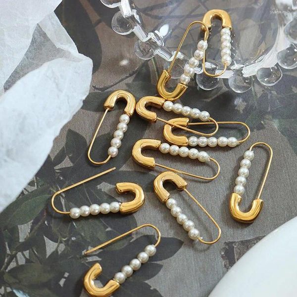 Brincos de parafuso prisioneiro pino de segurança imitação pérola aço inoxidável frisado aro clipe de papel jóias femininas