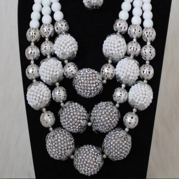 Conjunto de joias dudo branco prateado nigeriano, conjunto de joias com contas grandes de cristal e contas africanas