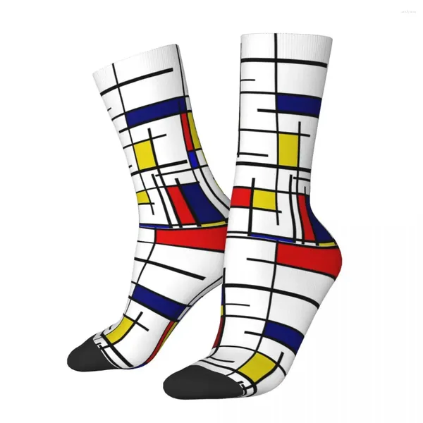 Meias masculinas casuais padrão mondrian basquete abstrato arte geométrica poliéster tubo médio para mulheres homens