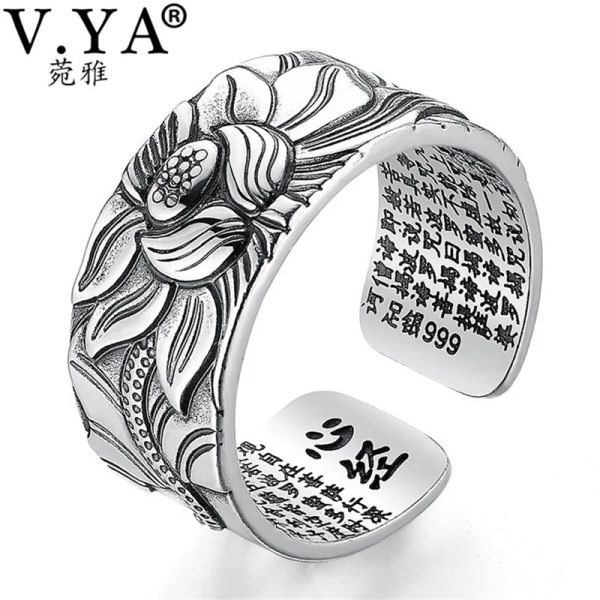 Ringe v.ya 100% Real 999 Pure Sier Schmuck Lotus Blume Open Ring für Männer Männliche modische modische Größe Buddhistisches Herz Sutra Ringe Geschenke