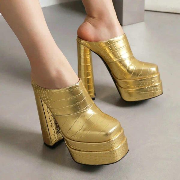 Sandali Oro Oliva Punta chiusa Sexy Super Block Tacchi alti Ciabatte da donna Pelle di coccodrillo PU Sottopiede in pelle Pantofole con plateau