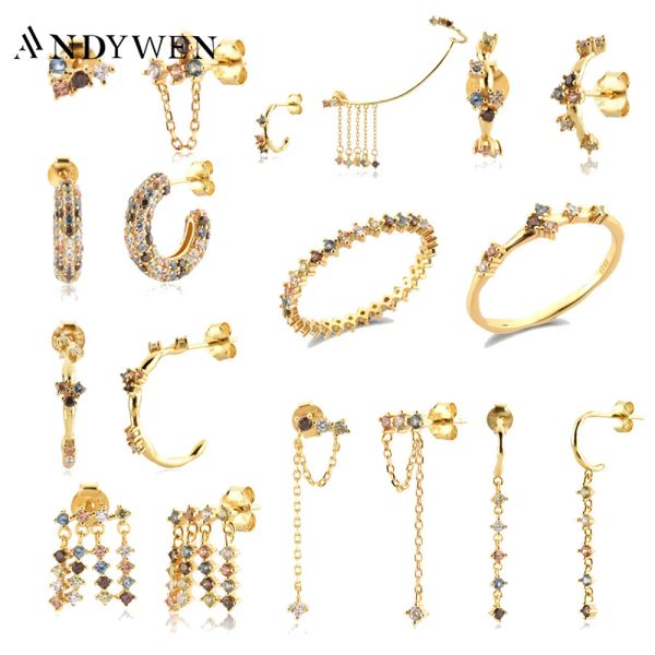 Colar Andywen 925 prata esterlina de verão sálvia zircão cz brinco de brinco piercing cinco raposa anel de pulseira de jóias de jóias