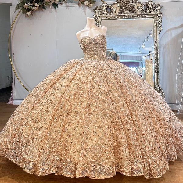 Vestidos quinceanera mexicanos dourados brilhantes, vestido de baile, ombro de fora, renda, apliques, miçangas, vestido de festa de aniversário, princesa, doce 16