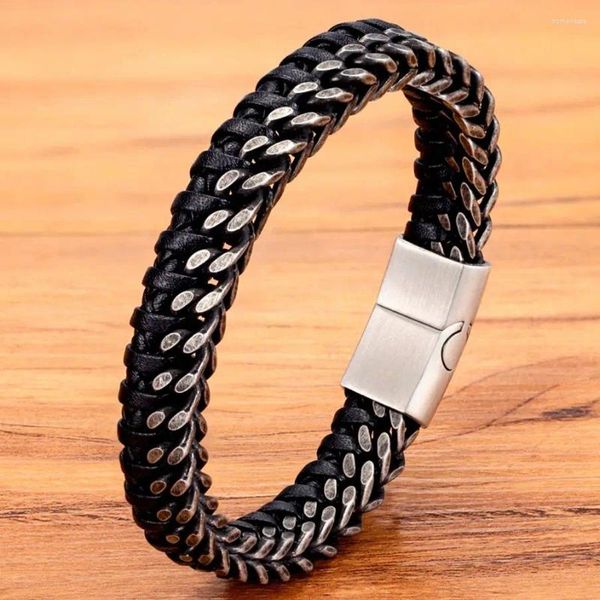 Braccialetti con ciondoli XQNI Bracciale da uomo con treccia in pelle fatta a mano vintage di lusso Bracciale con fibbia in acciaio inossidabile Braccialetti da uomo d'affari per amico partner