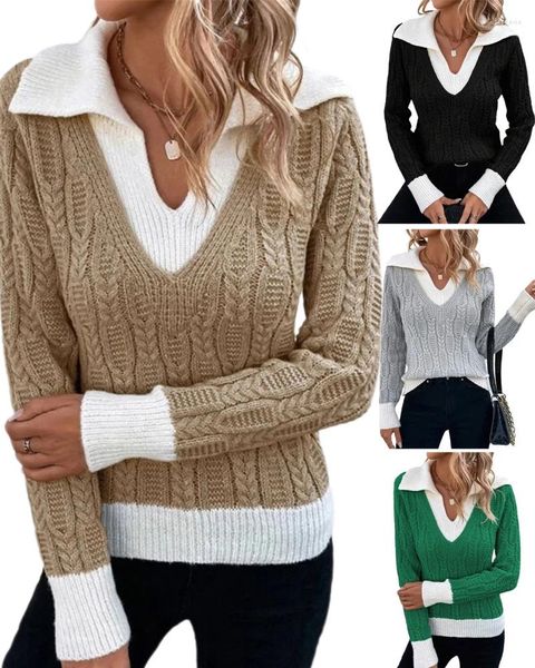 Suéteres femininos mulheres cabo malha contraste cor camisola com decote em v manga comprida solta pulôver top outono inverno S-L atacado