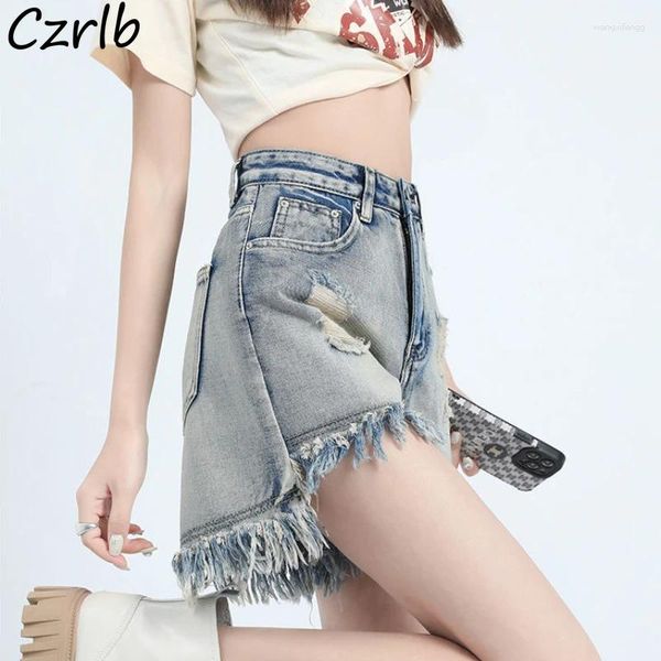 Jeans femininos cintura alta buracos mulheres rasgadas chique y2k estilo coreano perna larga all-match vintage curto denim shorts solto casual branqueado