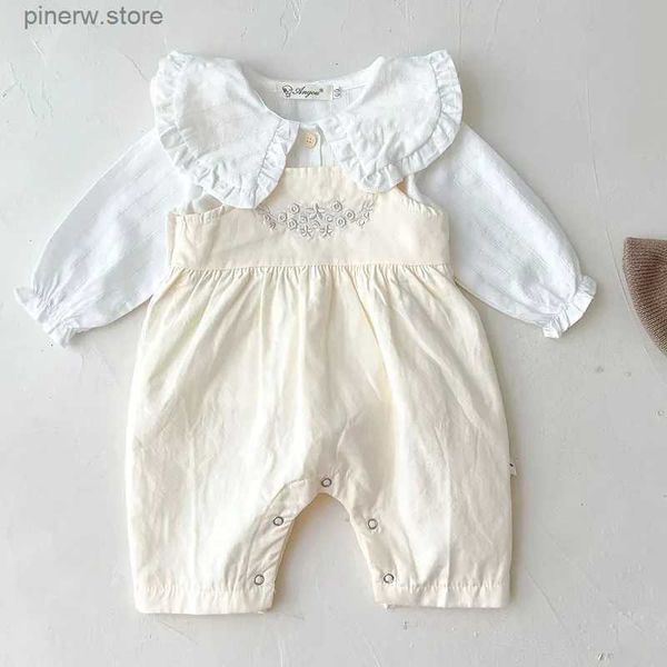 Set di abbigliamento Set di vestiti per bambina in stile coreano Set camicia di cotone a maniche lunghe + tuta con ricamo floreale Abiti per bambina autunno-primavera