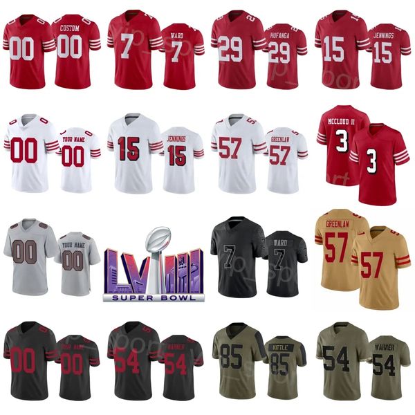 Futebol barato do Super Bowls 54 Fred Warner Jerseys 57 Dre Greenlaw 29 Talanoa Hufanga 7 Charvarius Ward 85 George Kittle 15 Jauan Jennings 3 Ray-Ray McCloud III Men