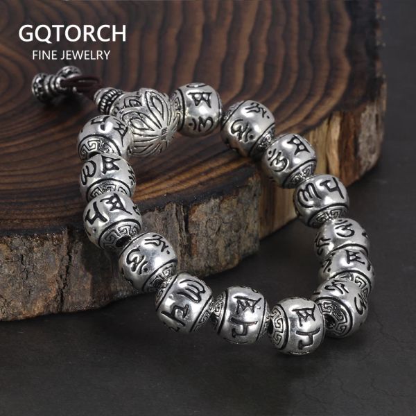 Armreifen, echtes 990er Silber, buddhistisches Armband, Herren-Rosenkranzperlen, graviert mit sechs Worten: Om Mani Padme Hum, Gebets-Bungee