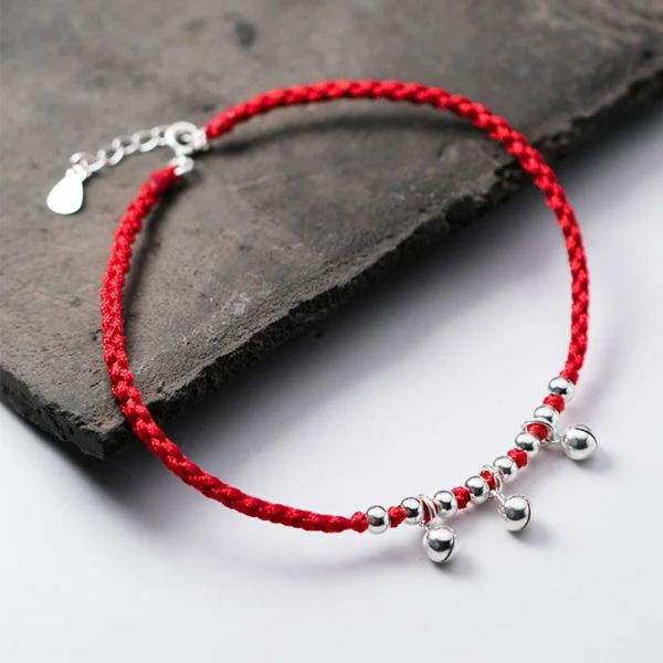 Cadletti Aifenao 925 Sterling Silver Bells Anklets for Women Filed Fili con filo rosso fatti per perle della catena caviglia Bracciale Girl Ragazzi regolabile