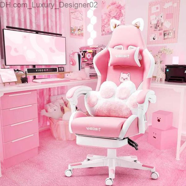 Другая мебель Vigosit Pink Gaming Chair с поясничной подушкой «кошачья лапа» и ушками Эргономичная компьютерная подставка для ног с наклоном для ПК Game Ch Q240129